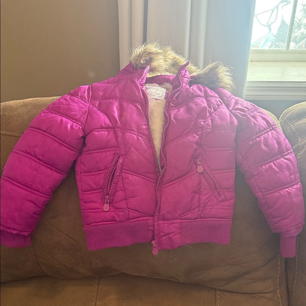 Justice Fuchsia Puffer Jacket with Faux Fur Trim